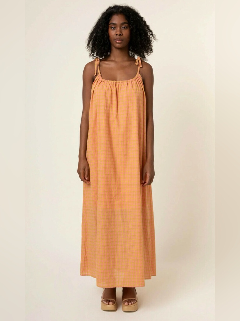 FRNCH Paris Elisee Cotton Maxi Dress Coral Orange Windowpane Tie Strap Small